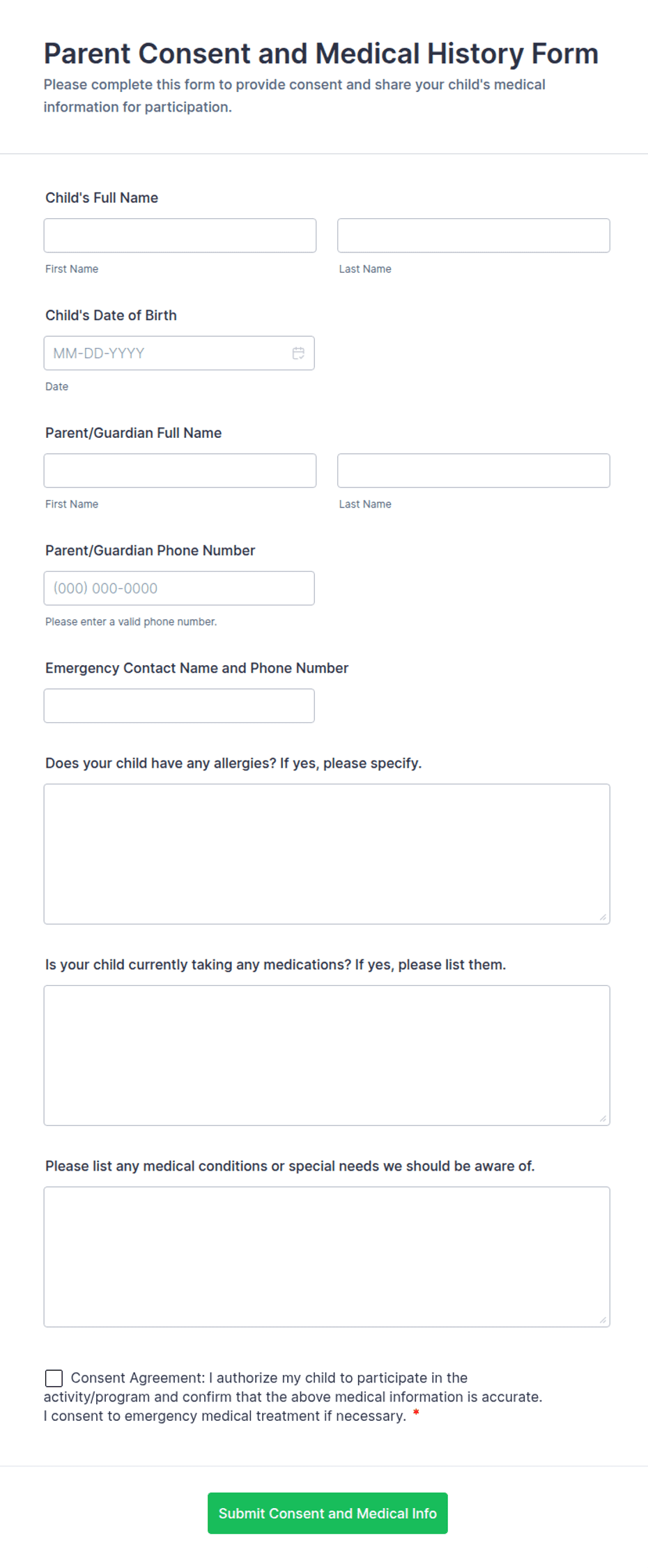 Parent Consent and Medical History Form Template | Jotform