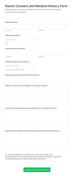 Parent Consent And Medical History Form Template