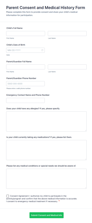 Parent Consent And Medical History Form Template