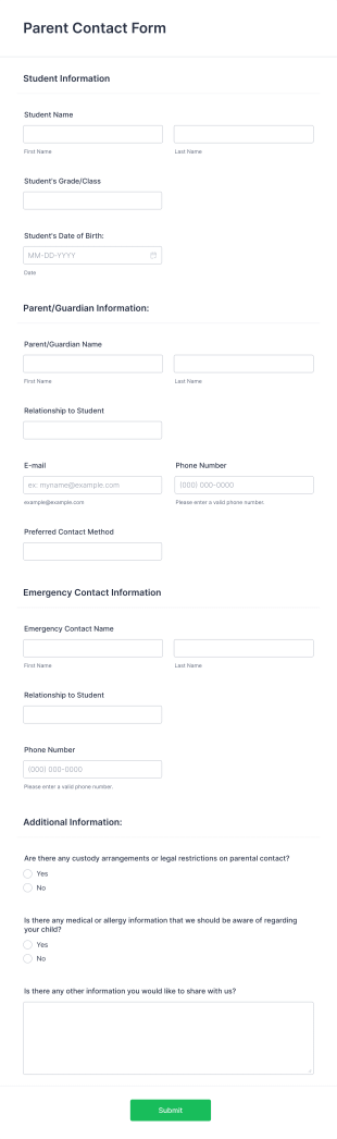 Parent Contact Form Template