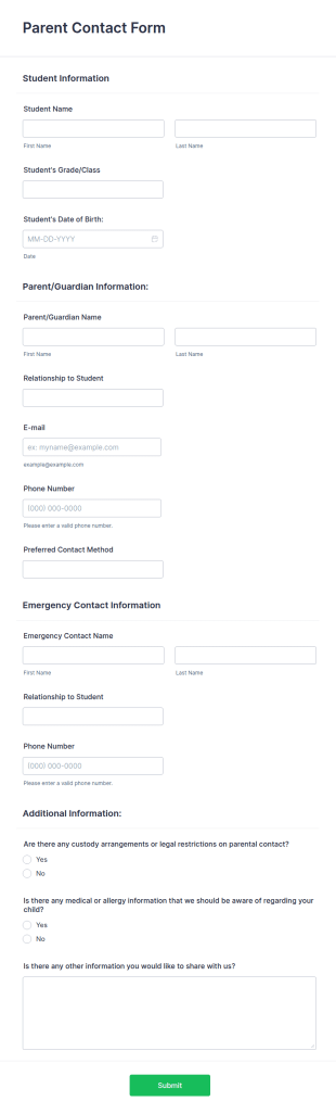 Parent Contact Form Template