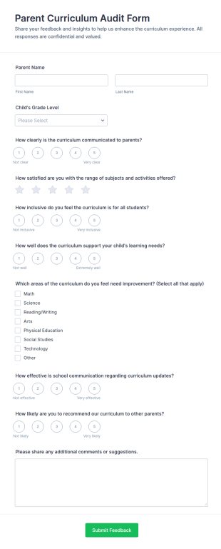 Parent Curriculum Audit Survey Form Template