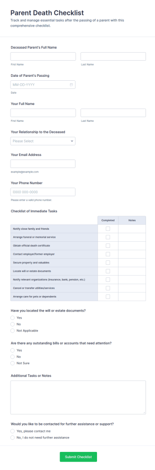 Parent Death Checklist Form Template