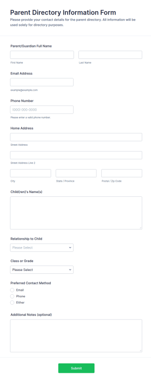 Parent Directory Information Form Template