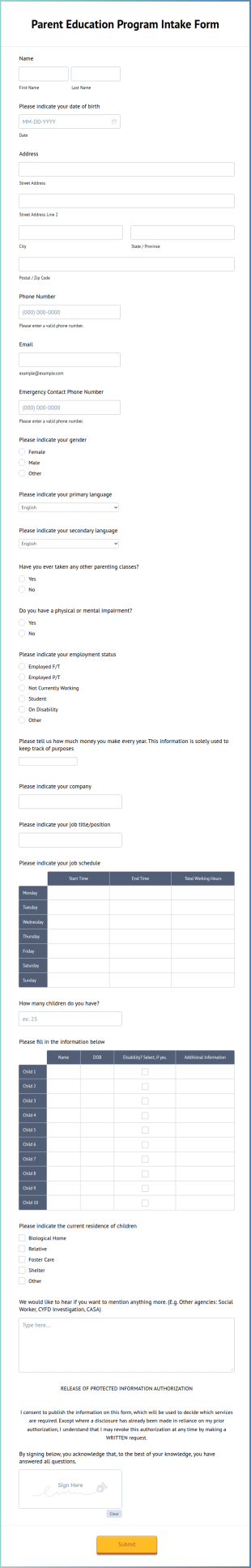 Parent Education Program Intake Form Template