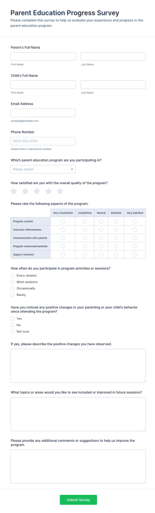 Parent Education Progress Survey Form Template