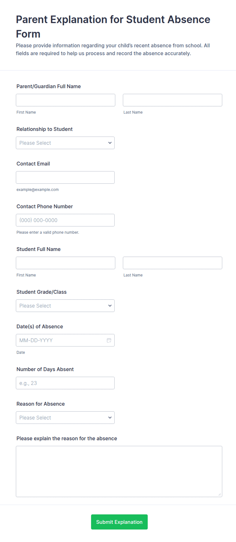 Parent Explanation for Student Absence Form Template | Jotform