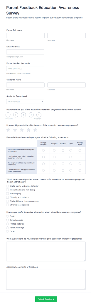 Parent Feedback Education Awareness Survey Form Template