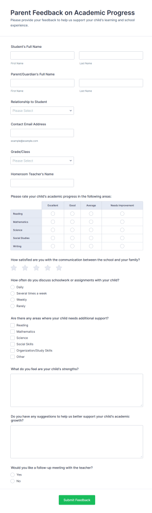 Parent Feedback On Academic Progress Form Template