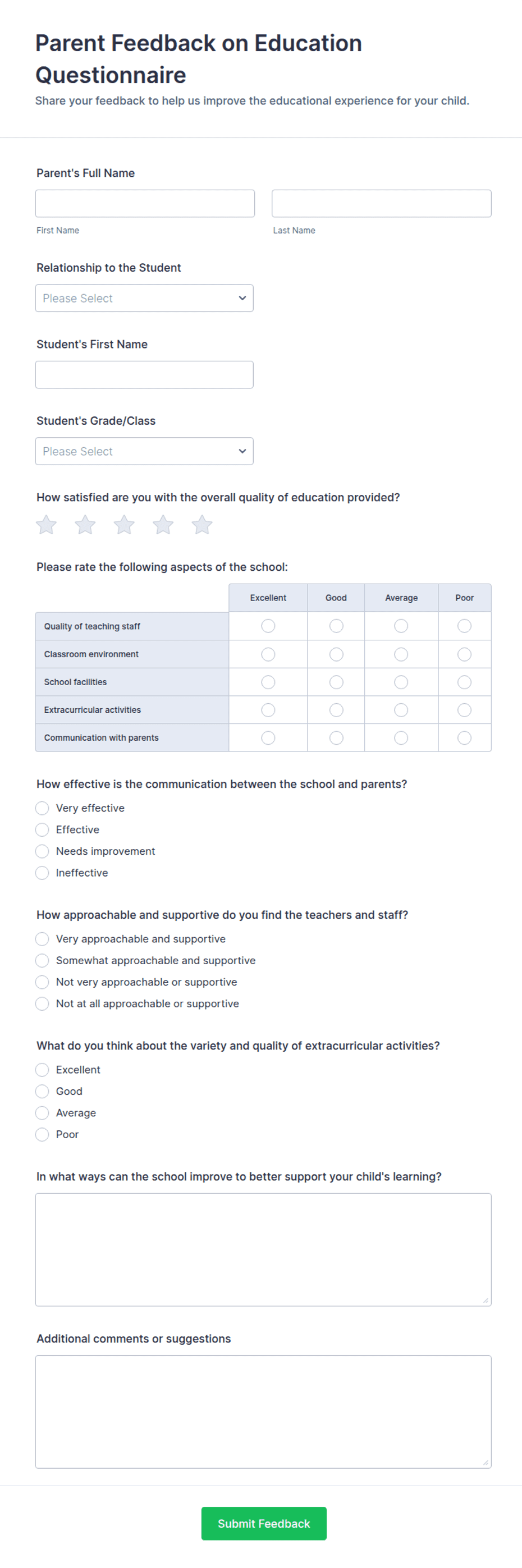 Parent Feedback on Education Questionnaire Form Template | Jotform