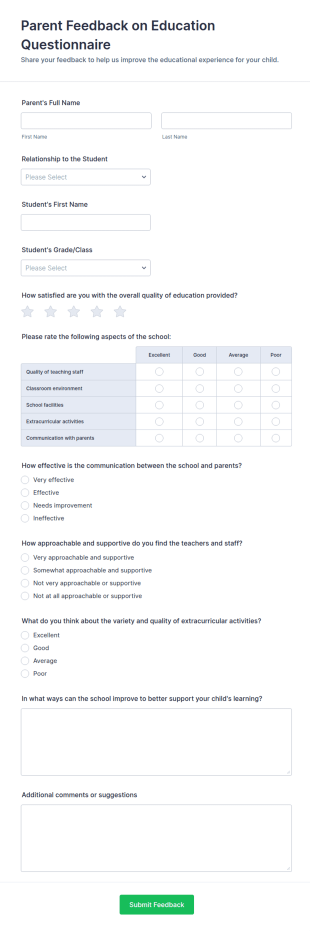 Parent Feedback On Education Questionnaire Form Template