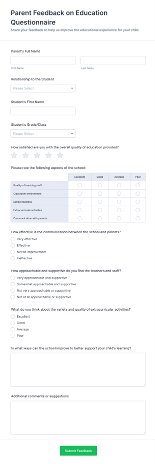 Parent Feedback On Education Questionnaire Form Template