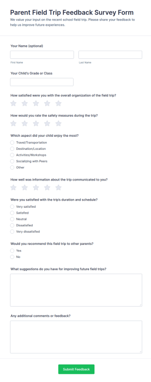 Parent Field Trip Feedback Survey Form Template
