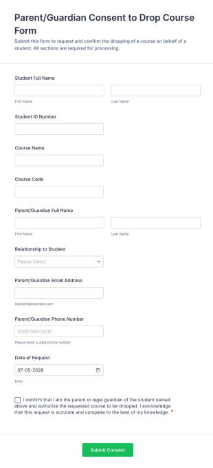 Parent/Guardian Consent To Drop Course Form Template