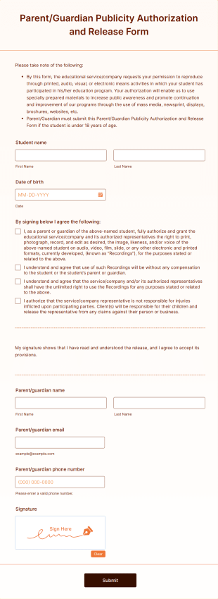 Parent Guardian Publicity Authorization And Release Form Template