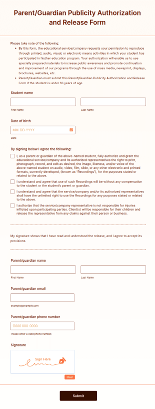 Parent Guardian Publicity Authorization And Release Form Template