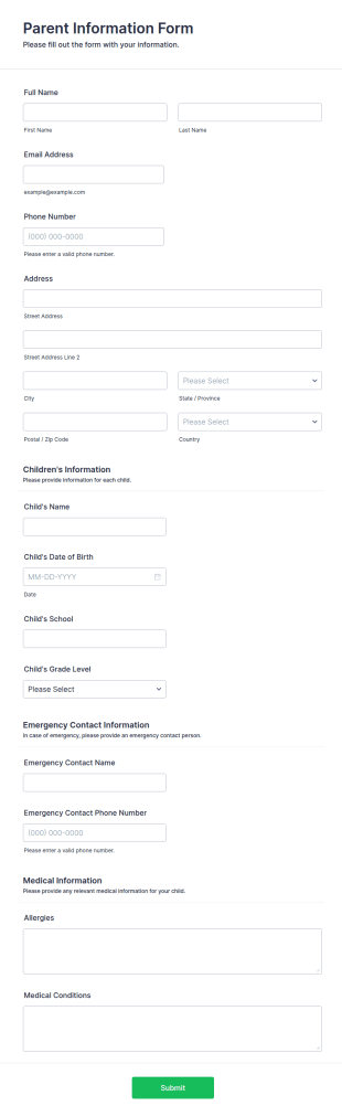Parent Information Form Template
