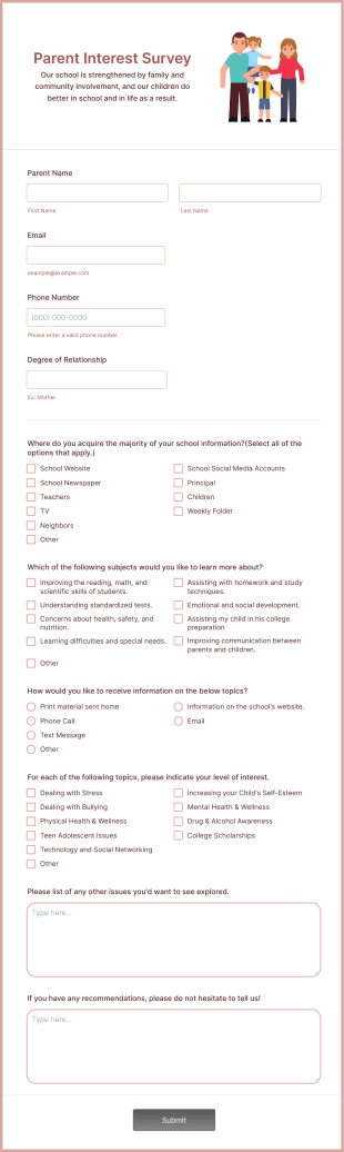 Parent Interest Survey Form Template