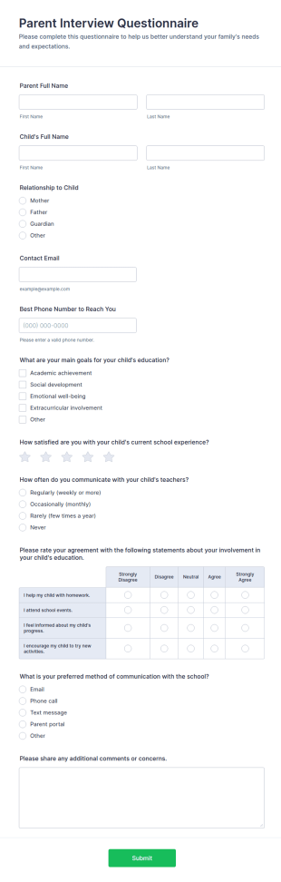 Parent Interview Questionnaire Form Template