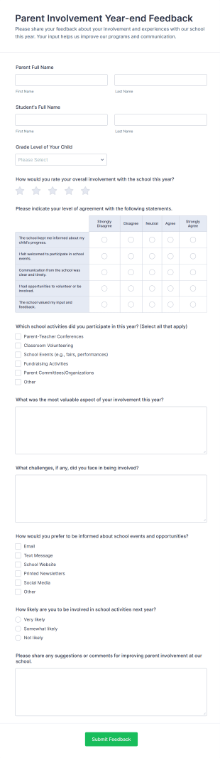 Parent Involvement Year End Feedback Form Template