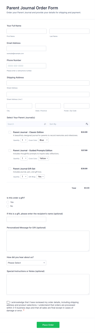 Parent Journal Order Form Template
