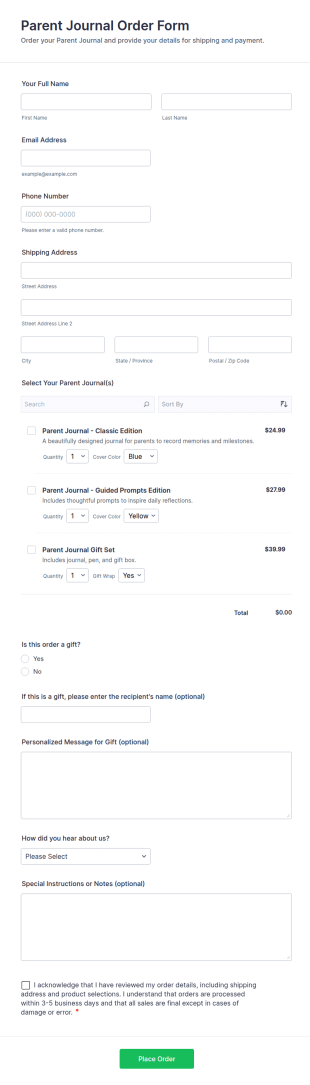 Parent Journal Order Form Template