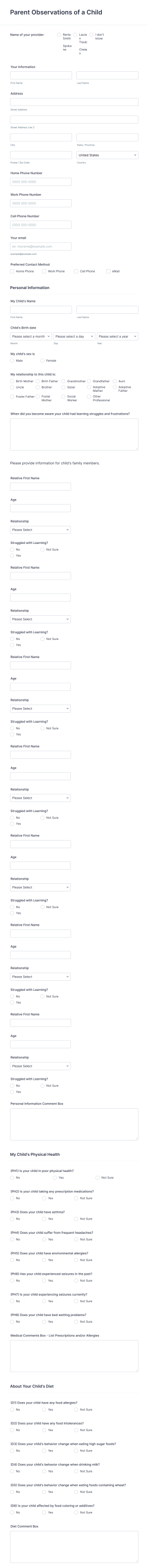 Parent Observation Form Template