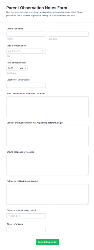 Parent Observation Notes Form Template