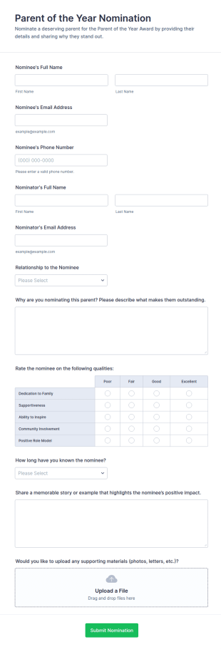 Parent Of The Year Nomination Form Template