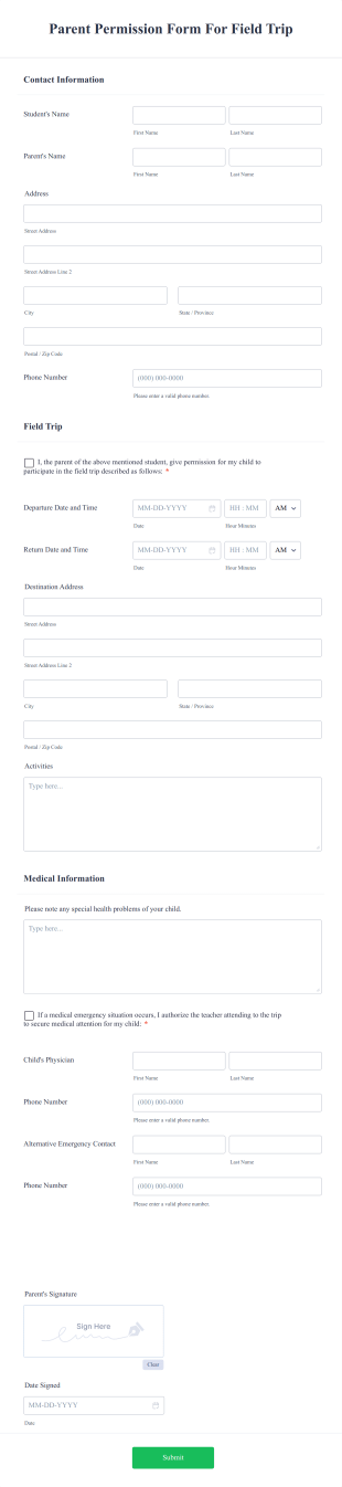 Parent Permission Form For Field Trip
