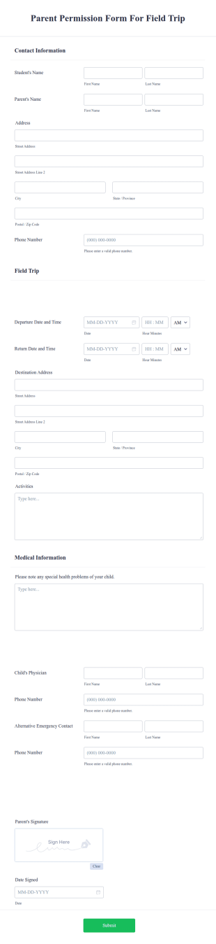 Parent Permission Form For Field Trip
