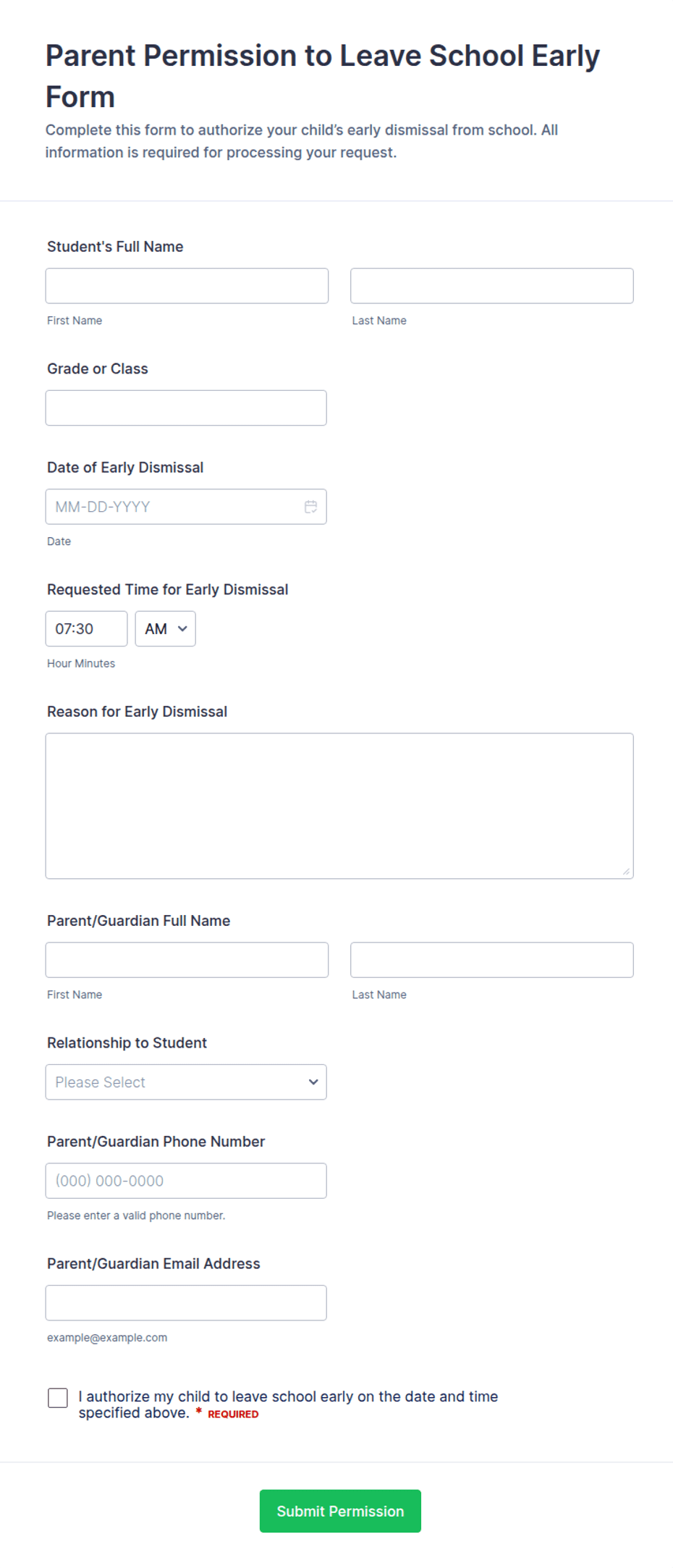Parent Permission to Leave School Early Form Template | Jotform