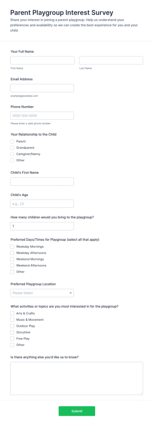Parent Playgroup Interest Survey Form Template