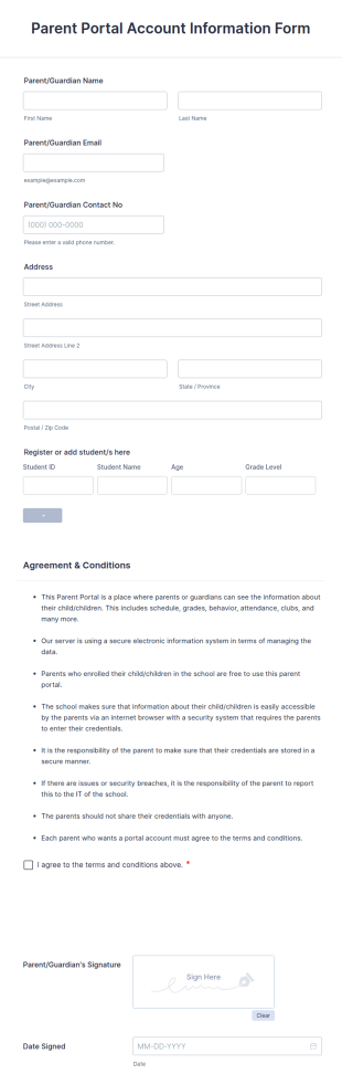 Parent Portal Account Information Form Template