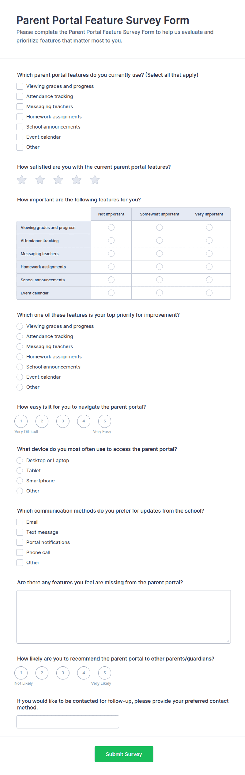 Parent Portal Feature Survey Form Template | Jotform