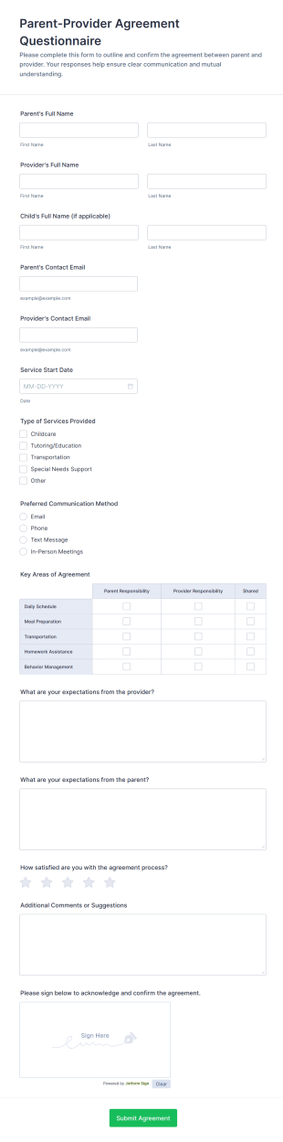 Parent Provider Agreement Questionnaire Form Template