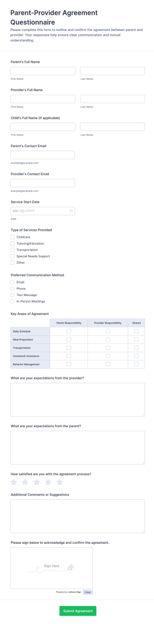 Parent Provider Agreement Questionnaire Form Template