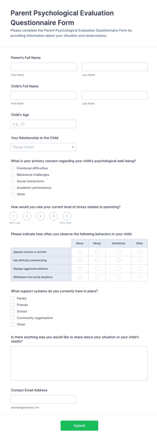 Parent Psychological Evaluation Questionnaire Form Template