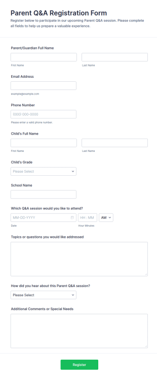 Parent Q&A Registration Form Template