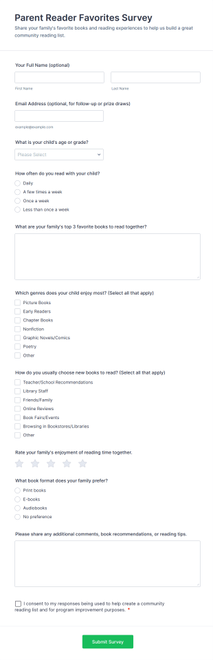Parent Reader Favorites Survey Form Template