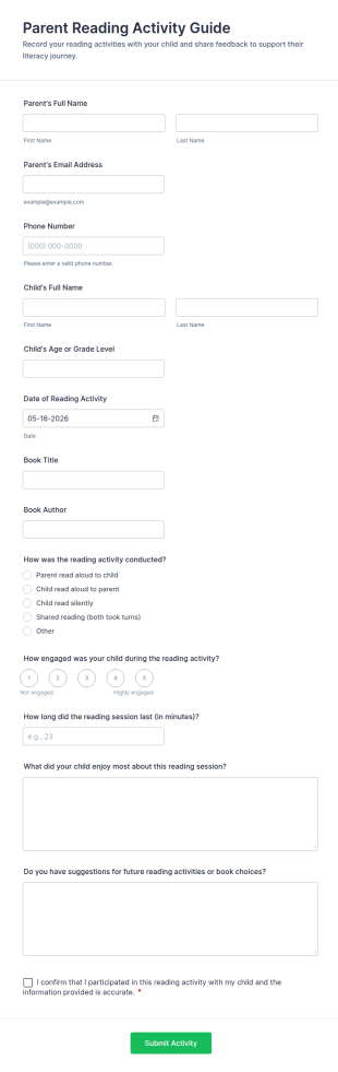Parent Reading Activity Guide Form Template