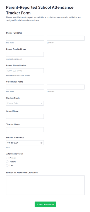 Parent Reported School Attendance Tracker Form Template