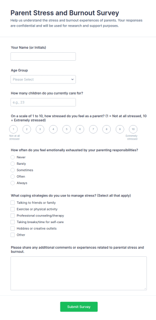 Parent Stress And Burnout Survey Form Template
