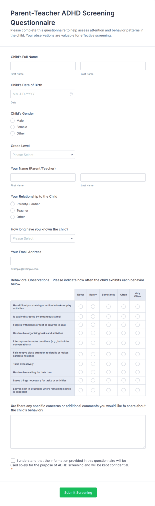 Parent Teacher ADHD Screening Questionnaire Form Template