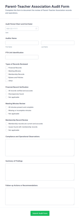 Parent Teacher Association Audit Form Template
