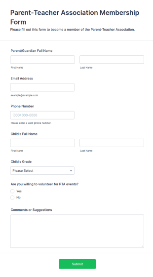 Parent Teacher Association Membership Form Template