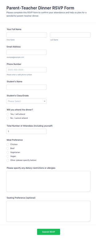 Parent Teacher Dinner RSVP Form Template