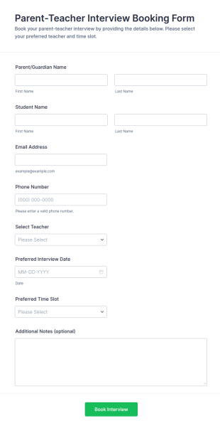 Parent Teacher Interview Booking Form Template