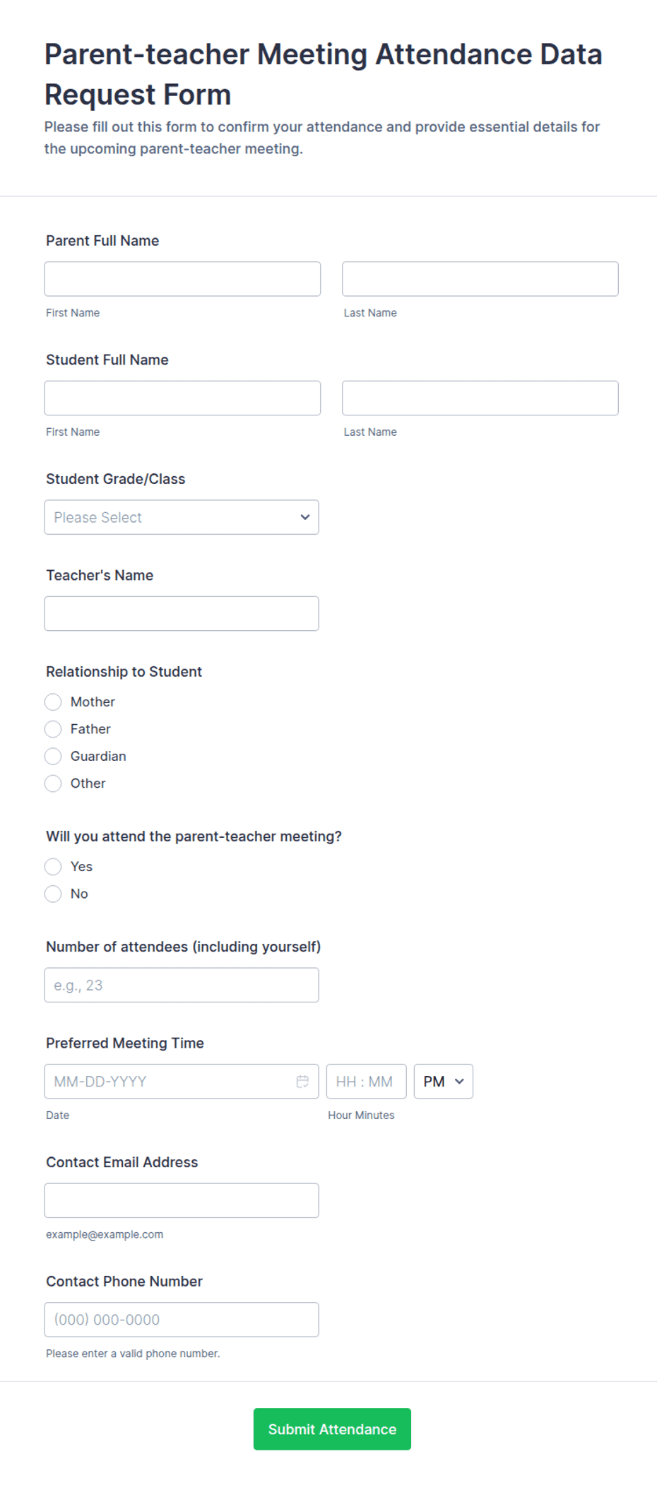 Parent-Teacher Meeting Attendance Data Request Form Template | Jotform
