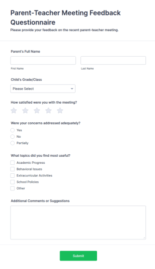Parent Teacher Meeting Feedback Questionnaire Form Template